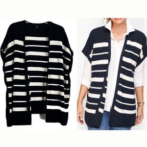 Talbots Navy White Cotton Horizontal Stripe Open Vest Button Side Closure S/XS